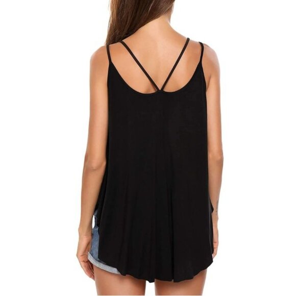 Black Sleeveless Flowy Cami Tank Top With Double Strap Back Design - Picture 2 of 8